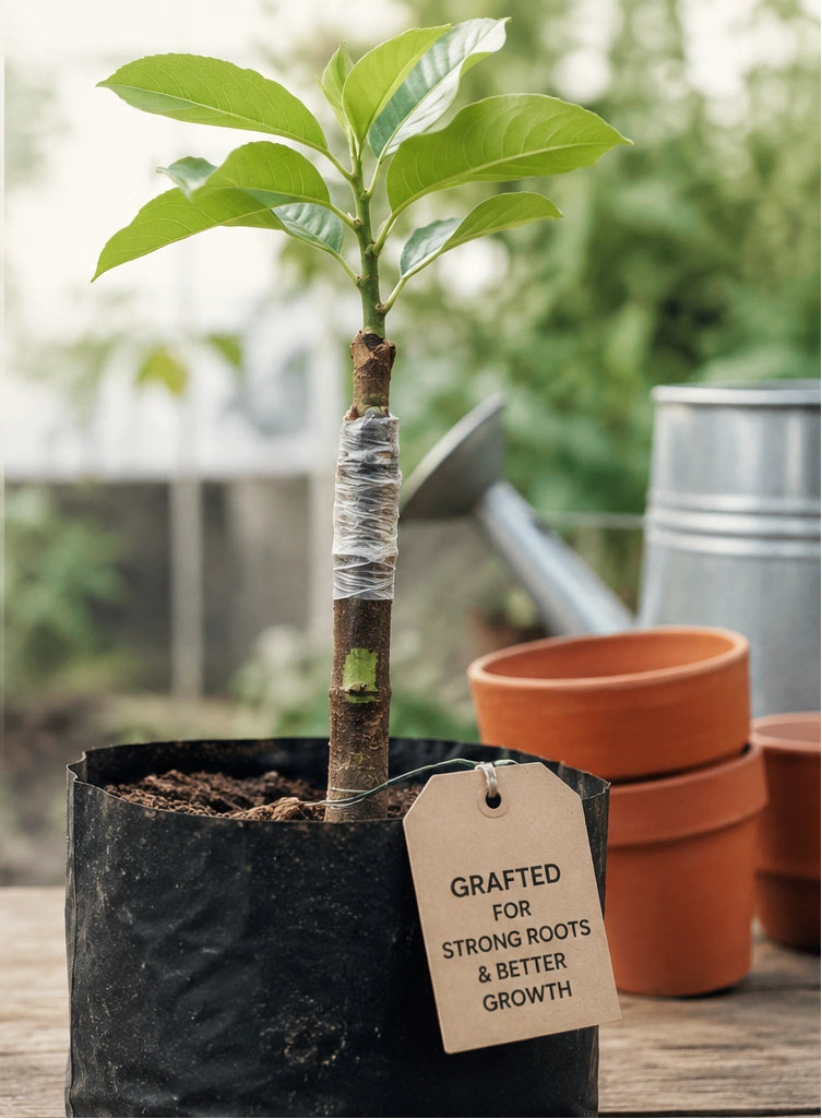 Grafted plant with a tag on a wooden surface, surrounded by gardening tools.
